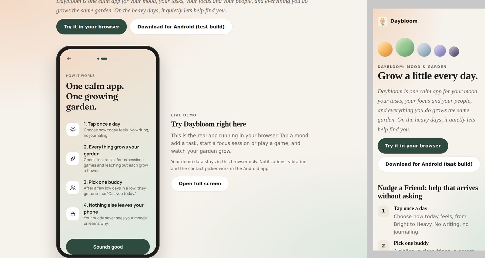 Daybloom on a desktop and a phone: the How it works screen with its four steps, the live browser demo, and the Nudge a Friend section