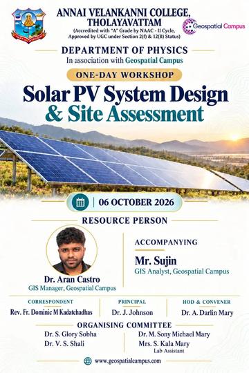 Poster for the one-day workshop on Solar PV System Design and Site Assessment at Annai Velankanni College, Tholayavattam, on 6 October 2026