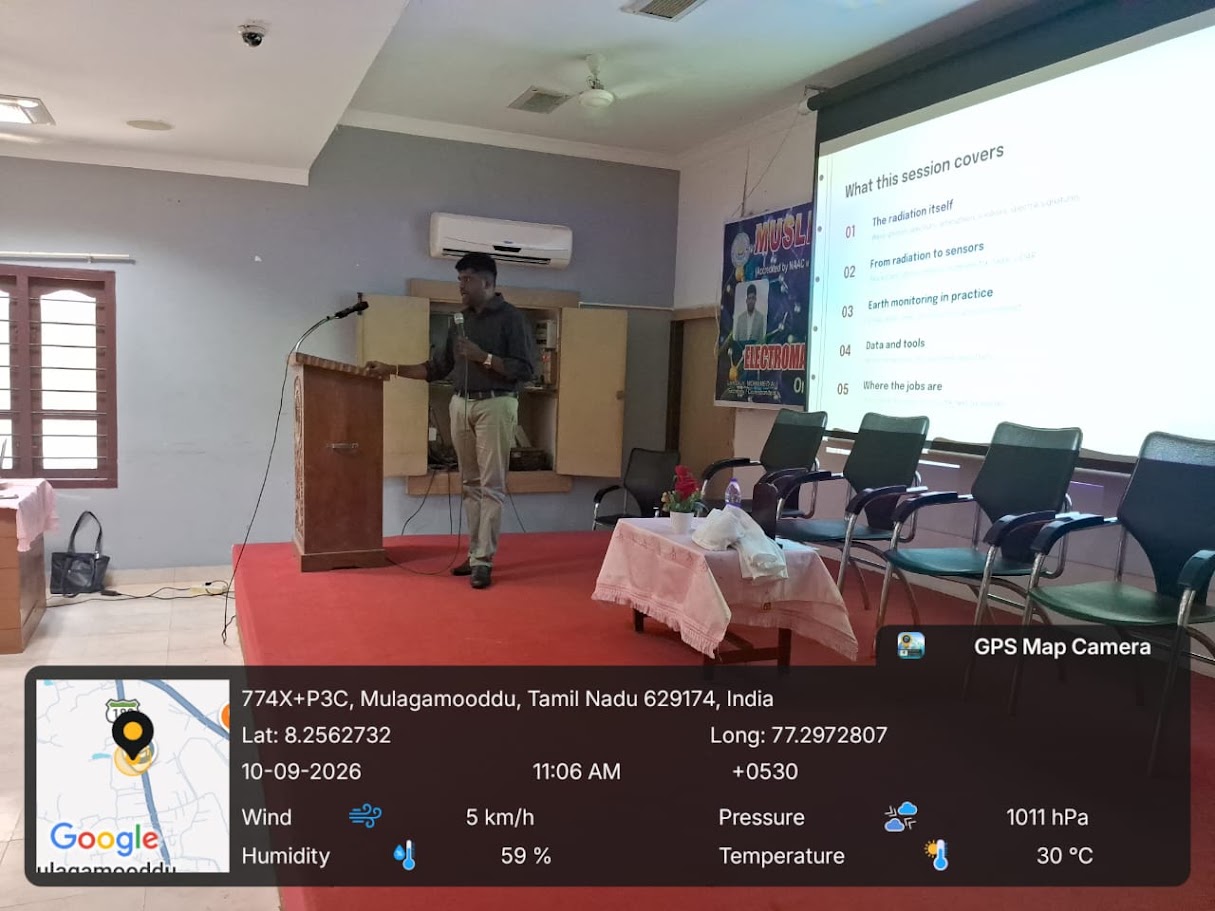 Invited talk on applications of the electromagnetic spectrum in Earth monitoring at NSESEM-2026, PG and Research Department of Physics, Muslim Arts College (Autonomous), Thiruvithancode