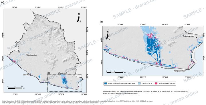 Sample low-lying coast analysis map of Kanyakumari district showing land within 5 and 10 metres of sea level and built-up land at risk