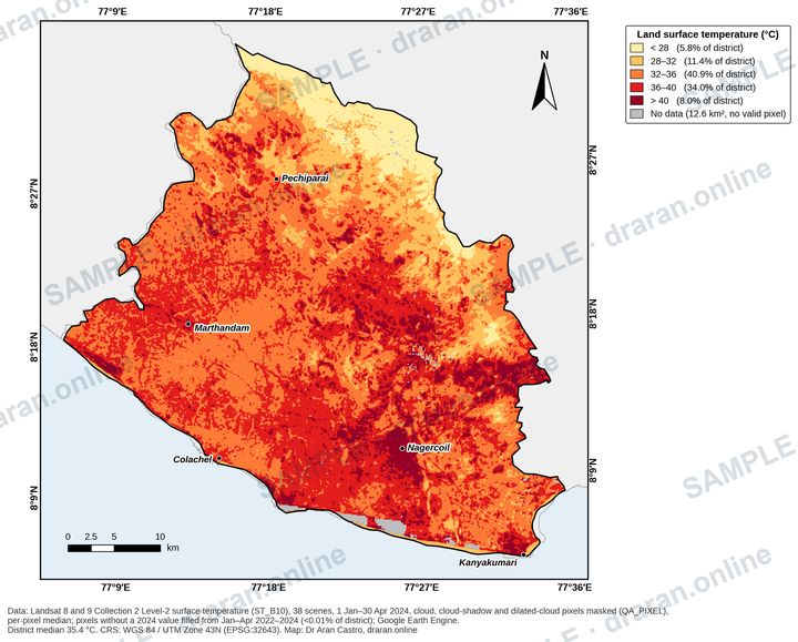 Sample land surface temperature map of Kanyakumari district from Landsat 8 and 9, with temperature classes and their share of the district