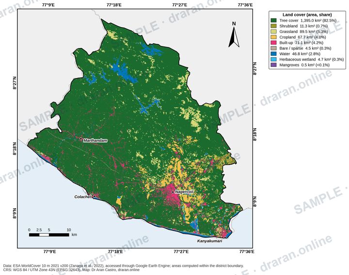 Sample land use and land cover map of Kanyakumari district with area and share for each class