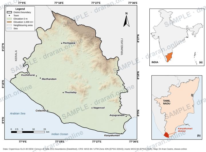 Sample study-area map of Kanyakumari district with elevation shading, towns, graticule, scale bar and India and Tamil Nadu inset maps